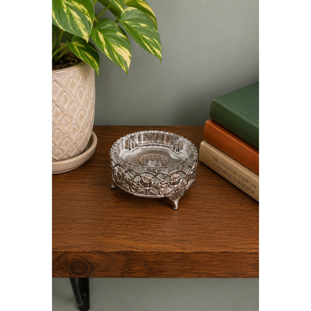Vintage Hollywood Regency Silverplate Glass Ashtray Jewelry Catchall Floral Rose